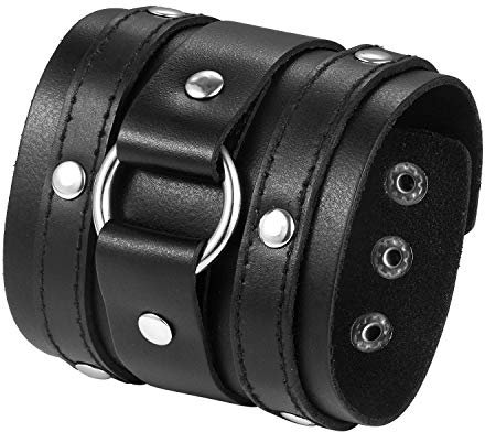 JewelryWe Schmuck Herren Breit Lederarmband Gotik Ring Kreis Nieten geflochten Leder Armreif Manschette Druckknopf Punk Rock Biker Armband verstellbar Schwarz