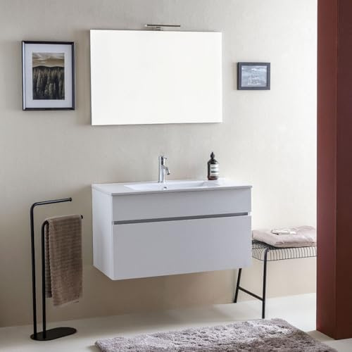 Kiamami Valentina Mobile Bagno Sospeso 90 cm Bianco Legno Sole con Specchio | Composizione con lavabo in ceramica, cassettone soft close, specchio 90x60 cm reversibile, stile moderno