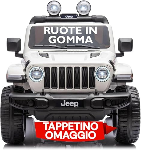 Jeep Wrangler Rubicon 12V Macchina Elettrica per Bambini 2 Posti con Telecomando Ruote in Gomma EVA Sedile in Pelle Porte Apribili Luci LED Suoni Bluetooth USB Auto Cavalcabile Full Optional Bianco