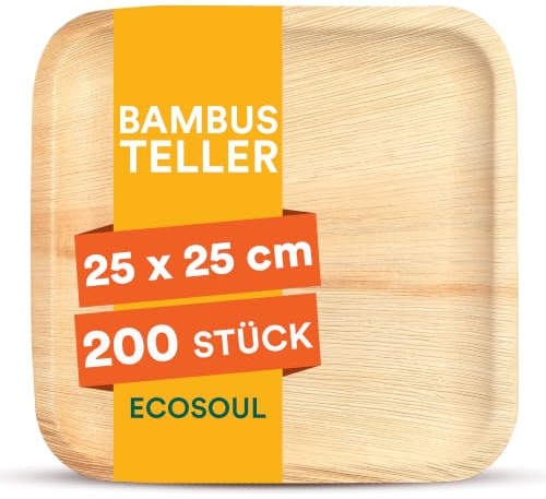 ECO SOUL 10 Inch Disposable Bamboo Plates (200 Pack, Square)