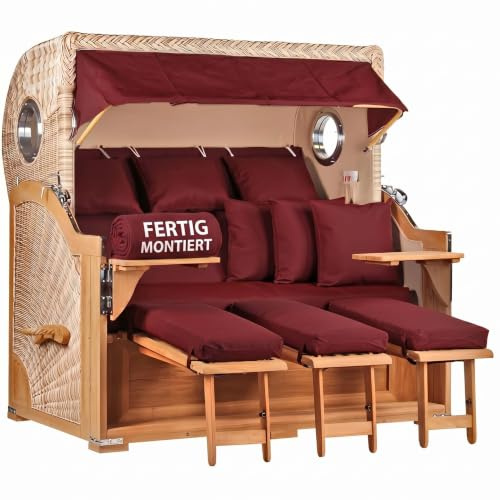 MR. DEKO® Strandkorb Baltikum 3-Sitzer Teak | PE Geflecht Shell | Volllieger Strandkörbe fertig montiert aus Teakholz | 2 Bullaugen & 3 Fußablagen | Polster & 6 Kissen | Dessin 550