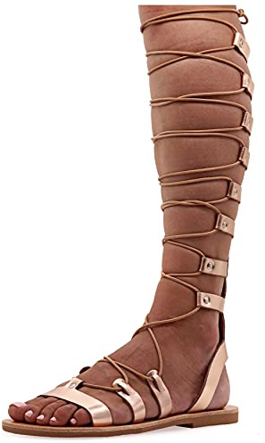 40 Or rose Emmanuela Sandales en cuir à haut genou dans un style grec ancien, sandales de gladiateur plat à la main avec orteils ouverts, chaussures d'été de haute qualité pour attacher les femmes