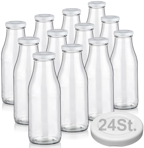 Geniess-Bar! 12 Milchflaschen 500ml mit 24 Deckel BPA frei Saftflaschen Glasflaschen 0,5L erhältlich mit 2/4/6/9/20 Flaschen Weithalsflaschen leer zum Befüllen Schraubdeckel