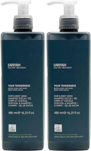ANYAH Shampoo Duschgel 2 x 480ml – Täglicher 2-in-1 Reiniger für Weiche Haut und Starke Haare, Nordic Ecolabel Zertifiziert, 100% Recycled Eco-Friendly Flaschen - Nicht Nachfüllbar