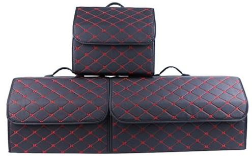 EA-Onlineshop Premium Leder Kofferraum Organizer, Kofferraumtasche, Auto Organizer mit Deckel, Autotasche Box Praktisch (M, Schwarz-Rot)