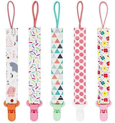 Chupetes de Clip Bebé, FenFang 5 Pcs Chupeteros Bebe, Cadenas para Chupetes Chupetero Bebé Clips Adorable para Unisex Chicos y Chicas (Rosa)