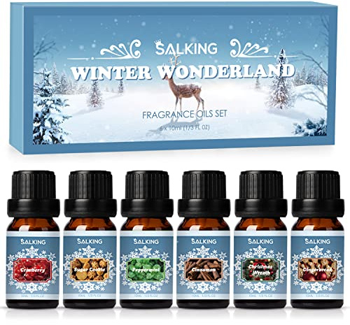 SALKING Winter Essential Oils Set, Aromatherapy Diffuser Oil Fragrance Oils Gift Set for Soap & Candle Making Scents - Cinnamon, Christmas Wreath, Sugar Cookie, Cranberry, Peppermint, Gingerbread
