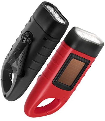 GeeRic 2 PCS Linterna Dinamo, Linterna Recargable Led De Manivela Recargable,Linternas Solares, Linterna de Rápido Dínamo con Mosquetón para Deportes al aire libre (Negro + Rojo)