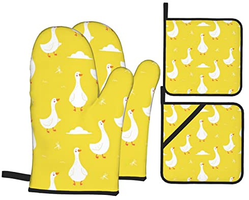 Gants de four et maniques Lot de 4 gants de four jaunes mignons oies résistants à la chaleur élevée avec gants de four et coussinets chauds Maniques pour cuisine cuisson cuisson barbecue gants de cuis