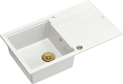 QUADRON Spülbecken Spüle Weiß & Golden | Größe 86 x 50 x 21 cm | Granit Granitspüle EVAN 111 Einzelbecken Küchenspüle | mit manuellem Siphon und Abtropffläche | 1 Becken Einbauspüle
