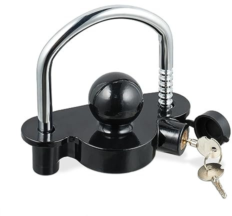 Relaxdays Antifurto per Rimorchio, Blocco per Auto, Dispositivo di Protezione per Caravan Lucchetto Chiave, Nero Argento, Alluminio, 14,5 x 15,5 x 7,5 cm
