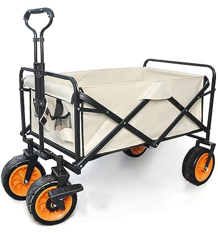 Hopfällbar Trädgårdsvagn, Fällbar Trädgårdsvagn, Strandvagn Livsmedelsvagn Terrängvagn Sport med sidofickor Fällbräda och Universalhjul med broms Campingvagn,Beige