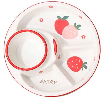 TYMYYS Portionskontrollplatten Mit Fruchtmuster, Geteilte Teller Für Erwachsene, Portionskontrollplatte Aus Keramik Zur Gewichtsreduktion-Erdbeere-Single