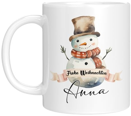 TassenTicker TASSENTICKER - Tasse zu Weihnachten - Weihnachtstasse - Personalisiert mit Namen - Kaffeetasse für jungen und Mädchen - Frohe Weihnachten - Weihnachts-Deko (Schneemann)