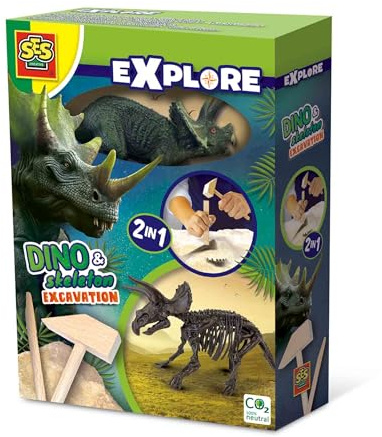 SES Creative Dino und Skelett ausgraben 2 in 1 | Triceratops | Experimentierspielzeug | Made in Holland | für Kinder ab 5 Jahren | Diverse Farben | Holzhammer | 25093