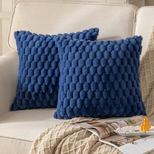 Mandioo 2er Set Dunkelblau superweichen dekorative Plüsch Kissenbezug Kissenbezüge 45 x 45 cm Wollsamt Dekokissenbezüge Kissenhülle Sofakissen Dekokissen flauschig für Couch Sofa Bett Wohnzimmer