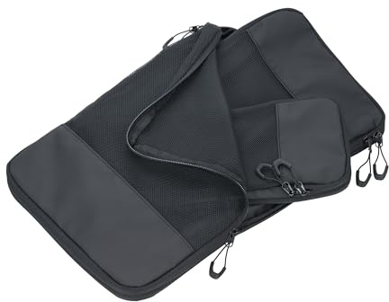 Set di borse da viaggio a compressione – TROIKA BLACK PACKING CUBES – 3 sacchetti di imballaggio con chiusura a zip e ulteriore chiusura a zip di compressione