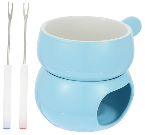 OUNONA Ceramic Butter Melt Pot Fondue Set Handle and Blue Base, Heating Stove for Cheese and Chocolate Melting, Includes Single Pot and 2 Forks for Home Cooking and Dessert Random Color