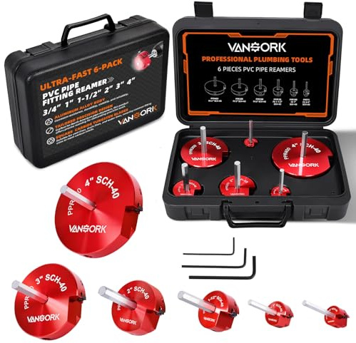 VANSORK 6 Pieces PVC Pipe Fitting Reamer Kit, Plastic Pipe Reamer Tool with 3/4, 1, 1-1/2, 2, 3, 4, PVC Fitting Saver for SCH40, ABS, CPVC Pipe, Fit into Standard 1/2 Drills