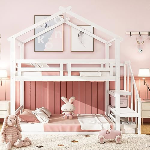 Kinderbett 90x200, Niedriges Etagenbett mit Treppe, Hausbett für 2 Kinder, Holzbett Bettgestell mit Rausfallschutz & Lattenrost, Baumhaus Bett Stockbett Kinderhochbett Jugendbett, Ohne Matratze, Weiß