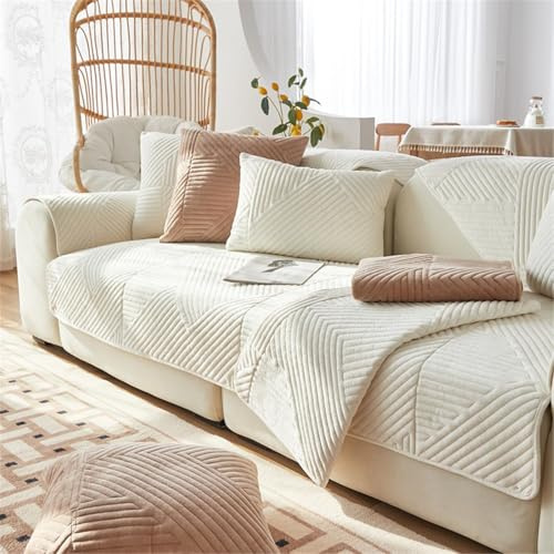 FASCINATDECO Sofa Überzug, Samt Sofabezug 1/2/3/4 Sitzer, Sofaschoner rutschfest, Couch überzug L Form Sofaüberwurfe, Sofa Sitzkissenbezug, Waschbar Couchbezug (Beige,70x120cm)