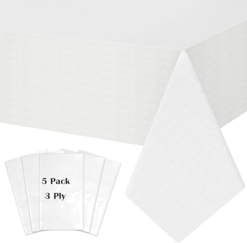 SWGIEEI Disposable Table Cloth for Rectangle Tables 5 Pack, 54'' x 108'' White Paper Tablecloths for 3-9 Ft Tables, Paper & Plastic Party Table Cover for Outdoor, Birthday, Wedding, Banquet