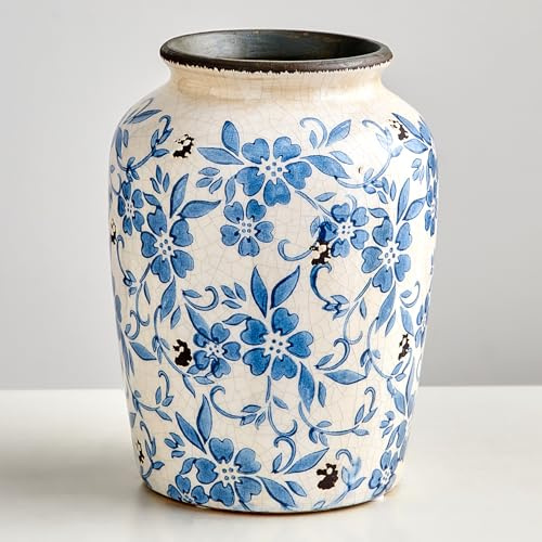 Keramikvase Blau und Weiß für Pampasgras Deko, Chinoiserie Vasen, Blumenvase für Haus, Wohnzimmer, Bücherregal, Tisch Centerpieces