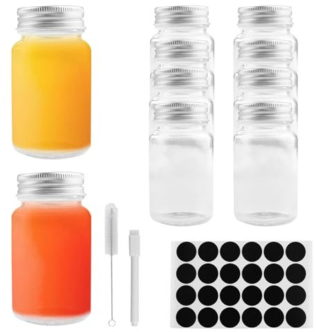 YPLonon Botellas de vidrio vacías 80 ml 10 unidades Mini botellas para beber con tapa Pequeña botella de vidrio transparente reutilizable Pequeña botella para zumo, portátil boca ancha