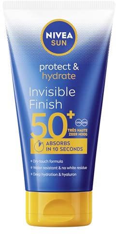 NIVEA SUN Lait Solaire Invisible Finish Protect & Hydrate SPF 50+ 150 ml — Crème Solaire résistante à l'eau — Protège et Hydrate — Haute Protection Visage et Corps