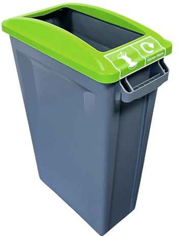 Chabrias Ltd 60L Slim Recycling Bin with Open Lime Lid + Food Waste Sticker - Commercial Narrow Waste Container for Office, School & Kitchen - 60 Litre Heavy-Duty Plastic Bin with Vented Liner System