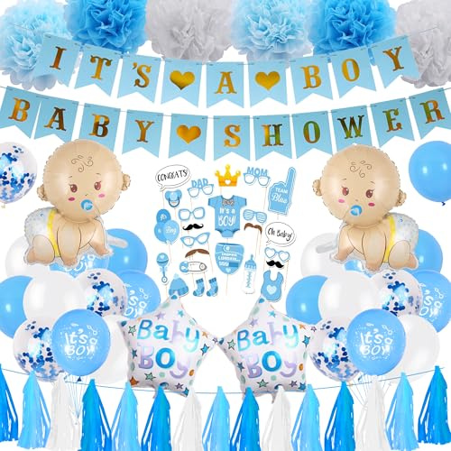 Baby Shower Decorations Boy Blue – It’s a Boy Banner Balloons Photo Booth Props, Tissue Paper Pom Poms Tassel Garland for Baby Shower Party Decor