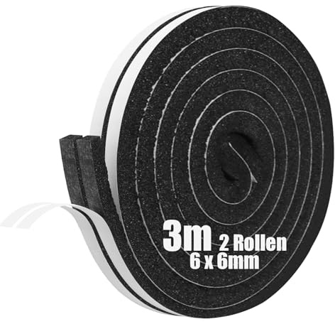 SDLDEER Lot de 2 rouleaux de ruban d'étanchéité autocollant en caoutchouc mousse pour fenêtre et porte - Anti-collision - Isolation acoustique - 6 mm (l) x 6 mm (D) x 3 m (L)