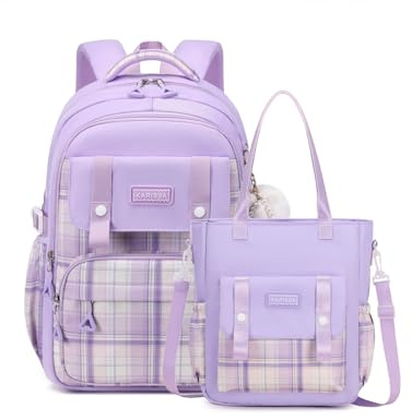 Tanou Ryggsäck skola flicka tonåringar, stor skolryggsäck set med skolaxelväska, rutmönster vardaglig dagryggsäck barn skolväska för flickor, 26 l, lila, mittelgroß (Backpack), klein (Crossbody Bag