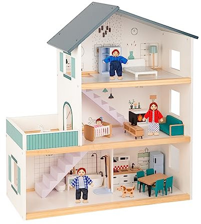 OOOK Grande Maison de poupées en Bois, Maison de poupées à 3 étages, conçue pour Les Filles à partir de 3 Ans (Comprend 21 pièces de mobilier, 4 poupées familiales et Un Chien)