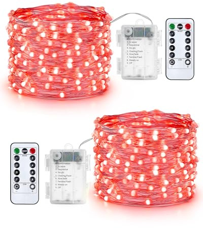 Qedertek Lichterkette Außen Batterie - 2 Stück 100 LED Silberdraht Micro Lichterkette Wasserdicht 10M Lichterkette Weihnachtsbaum Rot mit Fernbedienung für Außen Innen Garten Hochzeit Balkon