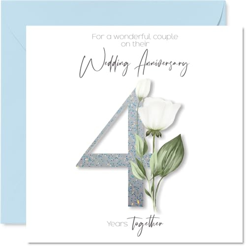 Stuff4 Glückwunschkarte zum 4. Hochzeitstag für Paare, Text innen | Elegantes florales Design, Quadratische Karte mit Umschlag, Hochwertig 145mmx145mm