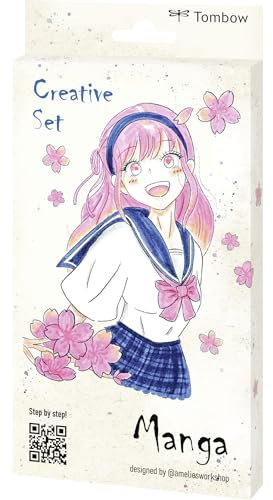 Tombow Kreativ Set Manga, Japan-inspiriertes Brush Pen Set mit ABT Dual Brush Pen, Fineliner, A6 Aqurellpapier zum Zeichnen und Aquarell [JAPAN-SET3]