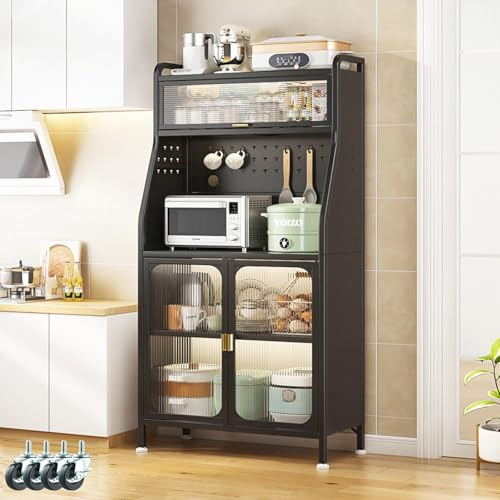 YOIZO Küchenschrank 66cm, Buffetschrank, Mutfak Dolabı, 5-stufiges Vorratsschrank, Mikrowellenschrank Hochschrank Küche mit Verstellbaren Ablagen mit Türen Schwarz (66x36x162cm)