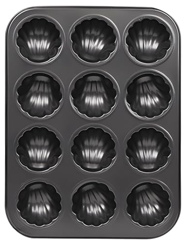Calolin 12-Cup Mini Cake Pan, Nonstick Fluted Cake Mold for Baking, Carbon Steel, Ideal for Madeleine, Brownies, Muffins, 450°F Oven Safe, Easy Release (Black)