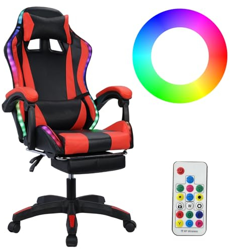 Gaming Chair with RGB LED Lights and Bluetooth Speakers,Massage Computer Chairs with Footrest,Headrest and Lumbar Support Height Adjustable Ergonomic Gaming Chair 360°-Swivel PC Chair for Adults (Red)