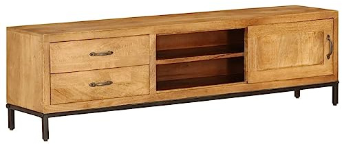 HETFTJN TV Sideboard Mangoholz 140x30x40 cm Retro Lowboard mit 2 Schubladen und Stahlbeinen Robustes Fernsehtisch für Wohnzimmer Esszimmer Flur