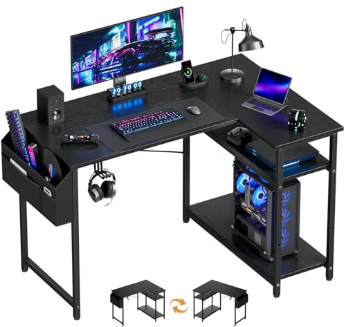 DLONGONE L Shaped Gaming Desk, 110 x 80 cm Reversible Office Table, Black | Computer Desk with Storage Shelves and Headphone Hook, Corner Desks for Study Play Workstation