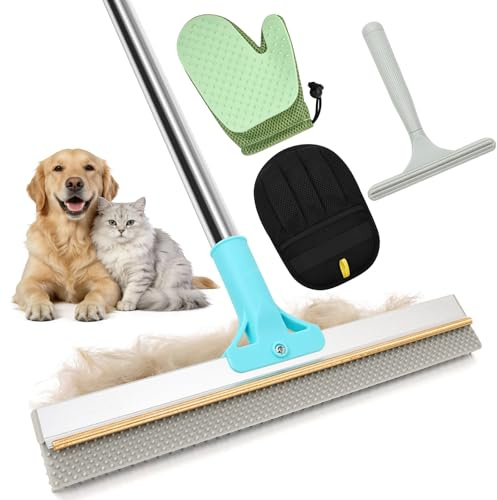 4 in 1 Carpet Rake for Pet Hair Removal - Reusable Pet Hair Removal Glove for Dog Cat Fur Remover, Contain 23-54 Rubber Broom, Silicone Comb Gloves, Magic Brush and Small Scraper for Sofa, Rugs, Mats