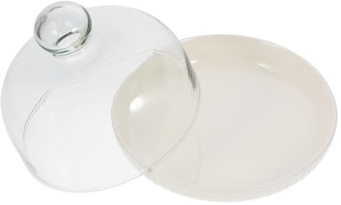 SEWACC Présentoir à Desserts en Céramique Blanche Crème 7 Pouces avec Cloche en Verre 16 Cm, Plateau Rond pour Gâteaux et Bonbons, pour Mariage et Service de Fête