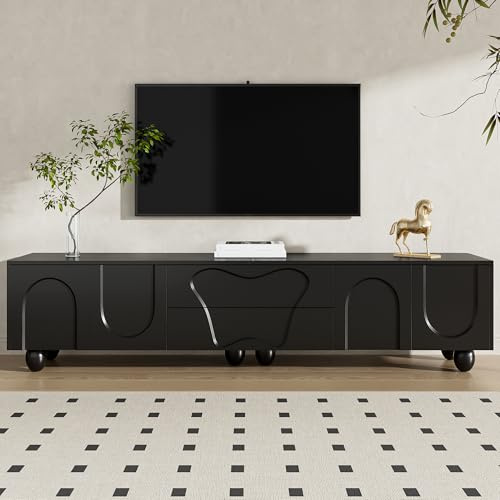Jaxenor 180cm TV Cabinet with 4 Doors and 2 Draws, TV Stand Cabinet with Unique Design, Modern Entertainment Unit with Wooden Legs for Living Room, Supports TVs Up to 75 Inches, Black