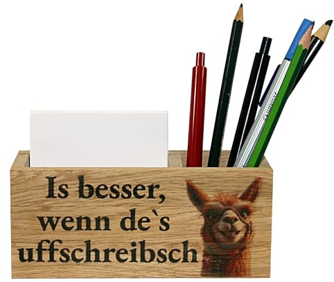 Lustiger Schreibtisch-Organizer „Lachendes Lama“ – Eichenholz-Unikat
