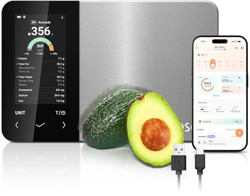 Cosori Bilancia intelligente per alimenti, app gratuita con ampio database alimentare del Regno Unito, bilancia conteggio calorie premium, display a colori trasparente, scansione AI, traccia 19