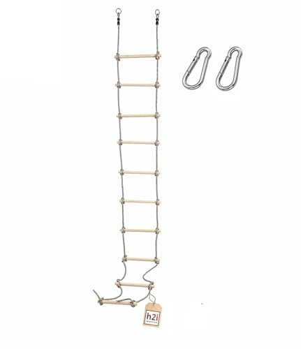 h2i Strickleiter für Kinder | Kletterleiter mit 10 Holzsprossen | Hängeleiter aus Holz | Seilleiter inkl. Karabiner | Outdoor Kletterspielzeug | Höhe 350 cm