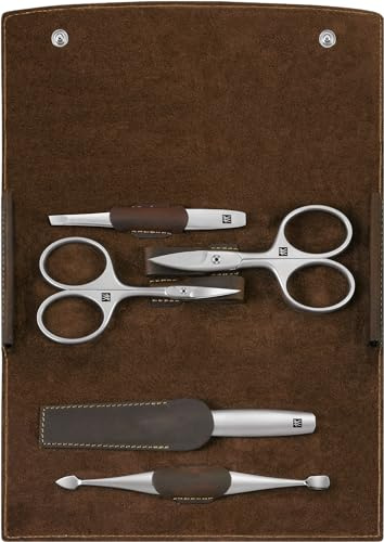 ZWILLING Set de manicura (5 piezas, cuidado de uñas y pedicura, estuche de piel auténtica, preciso, con tijeras para uñas y cutículas), Premium, Marrón