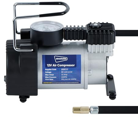 Streetwize - Metal Tornado Air Compressor - 12V - 150PSI - Tyre Inflator, Analogue Pressure Gauge (SWAC12)